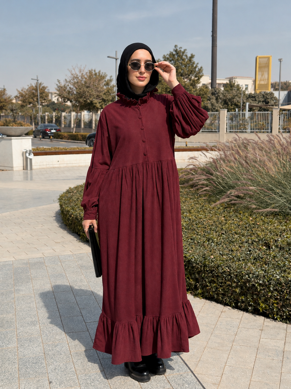 Ruffle Collar Maxi Dress - Burgundy NUVIRA
