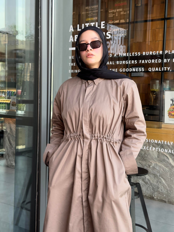 Button Front Cinched Shirt Dress– Soft Beige