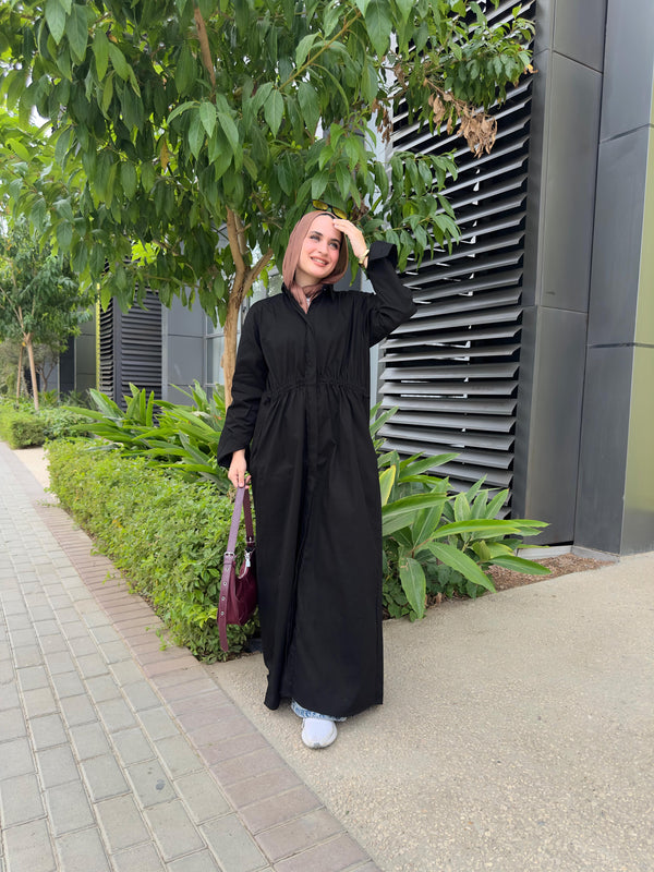 Button Front Cinched Shirt Dress– Black