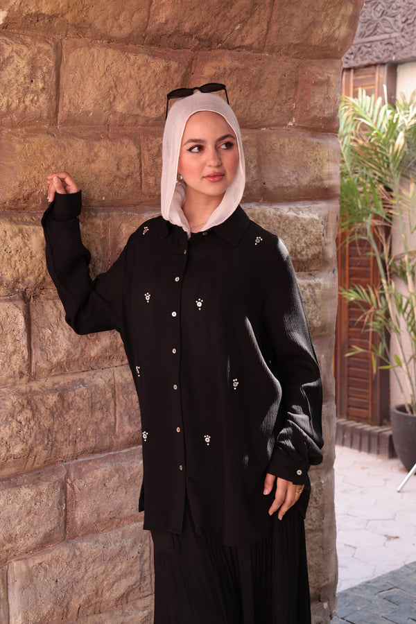 Pearl-Embellished Koresha Two-Piece Set – Black