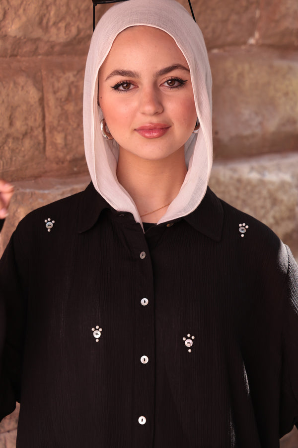 Pearl-Embellished Koresha Two-Piece Set – Black