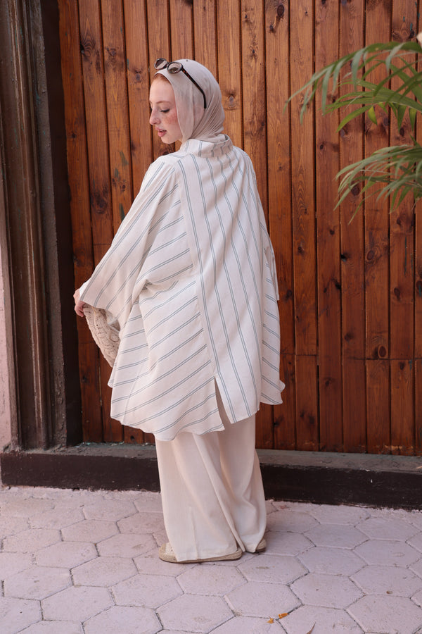 Striped Oversize Tunic Blouse-Charcoal Grey Stripes on Off-White