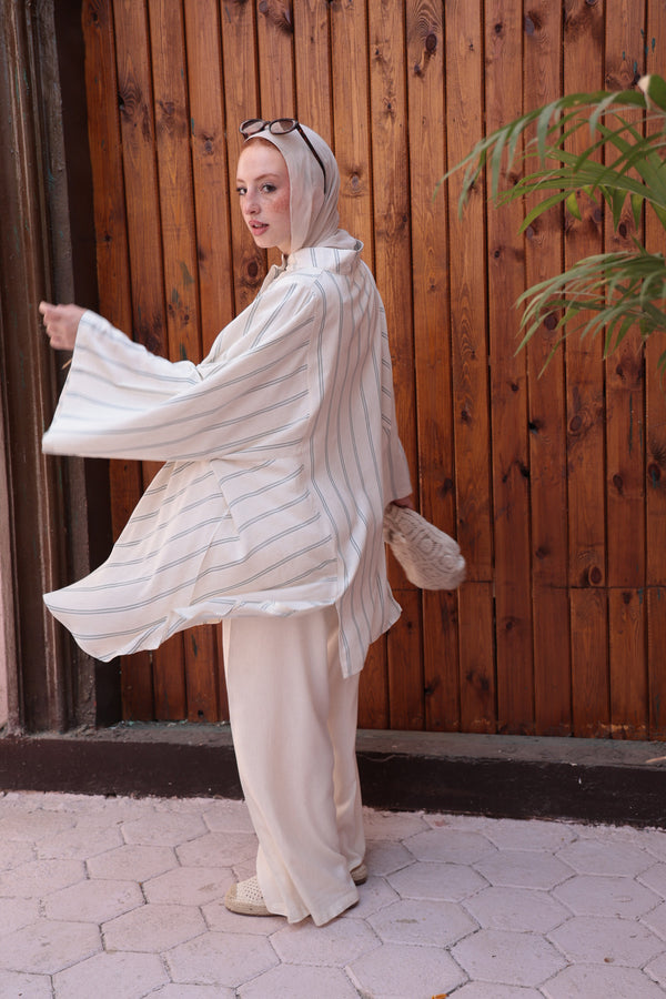 Striped Oversize Tunic Blouse-Charcoal Grey Stripes on Off-White