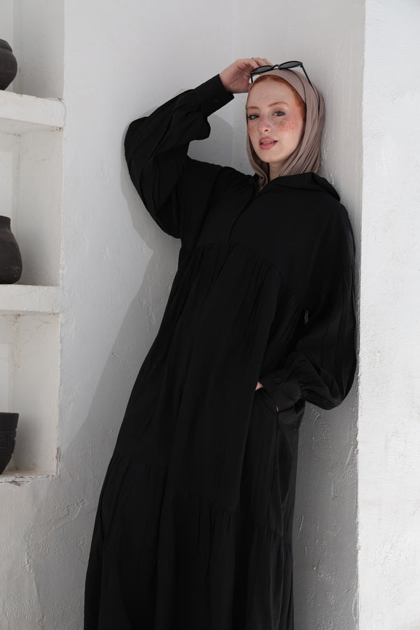 Hooded Flared Maxi Dress - Black