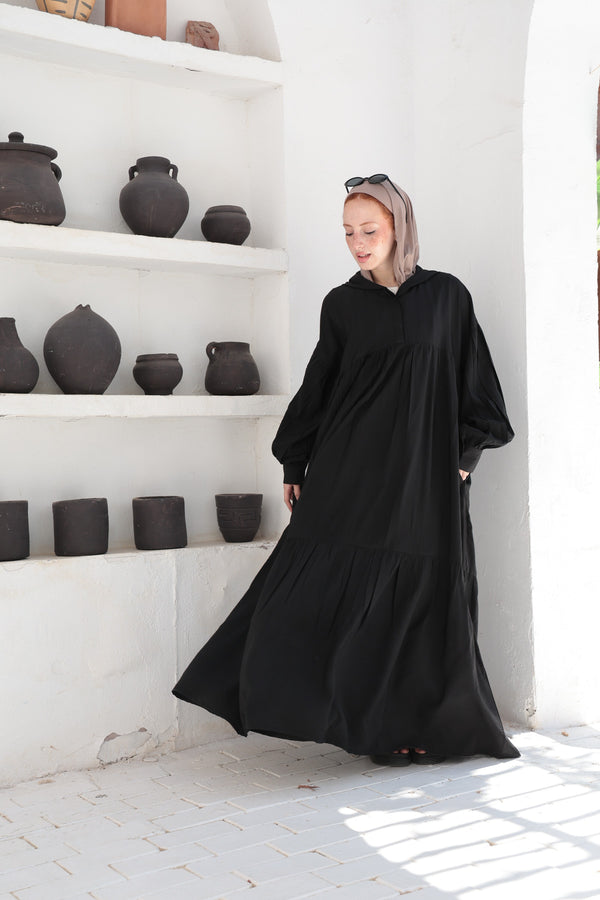 Hooded Flared Maxi Dress - Black