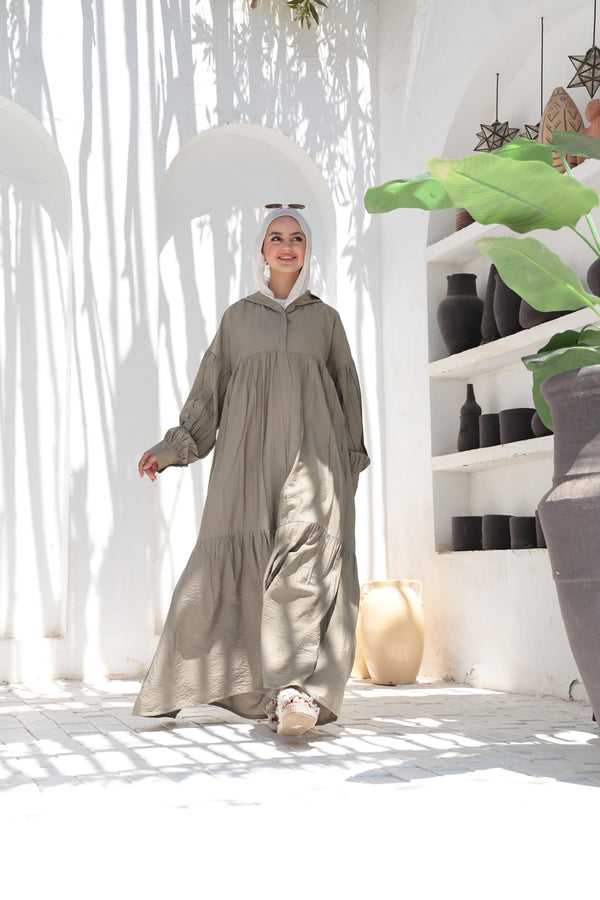 Hooded Flared Maxi Dress - Dusty Olive