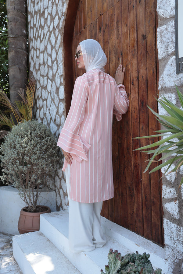 Striped Flare-Sleeve Modest Tunic-Pastel Pink