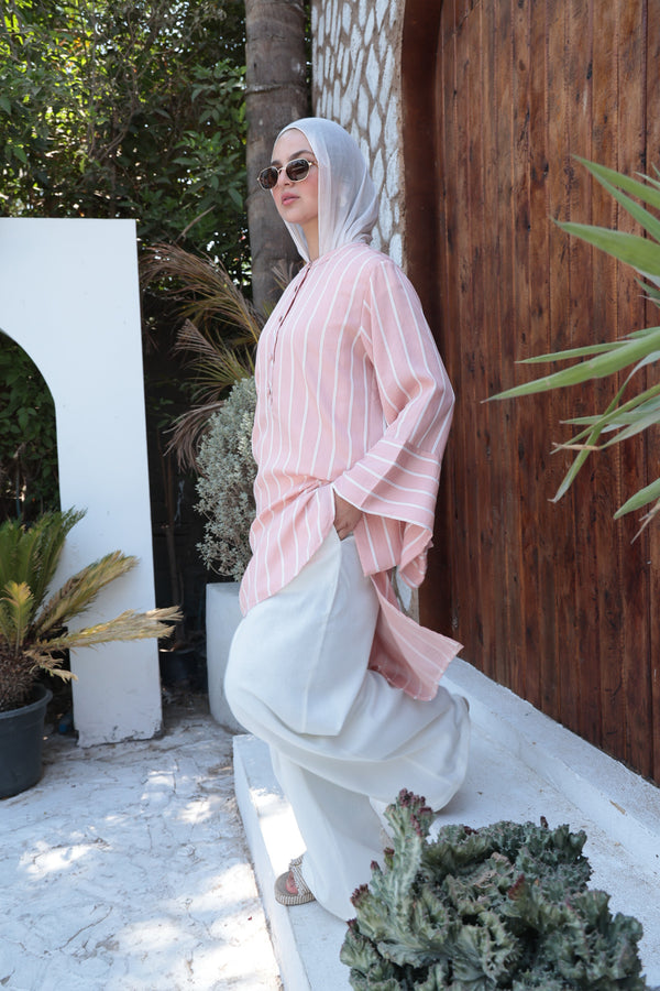 Striped Flare-Sleeve Modest Tunic-Pastel Pink