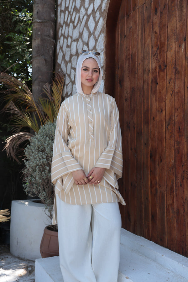 Striped Flare-Sleeve Modest Tunic-Sand Beige