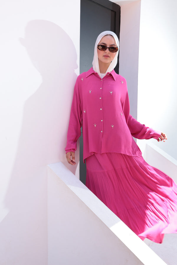 Pearl-Embellished Koresha Two-Piece Set – Fuchsia