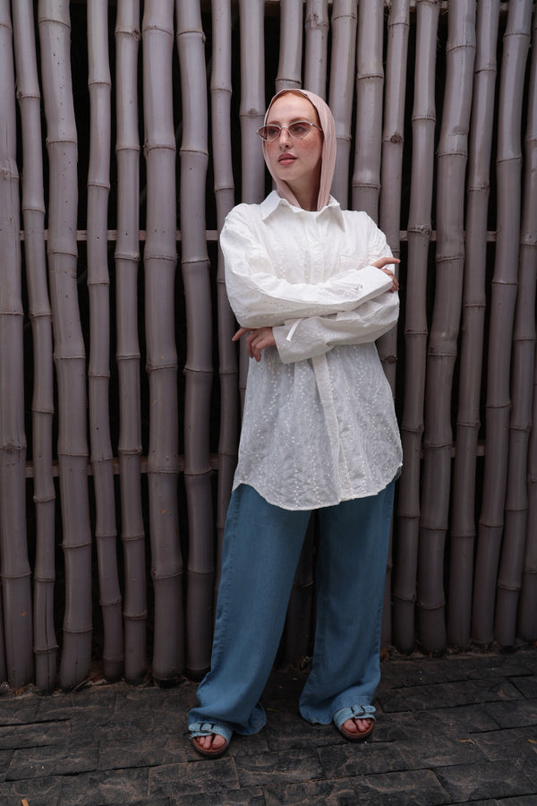 White Embroidered Drawstring Blouse