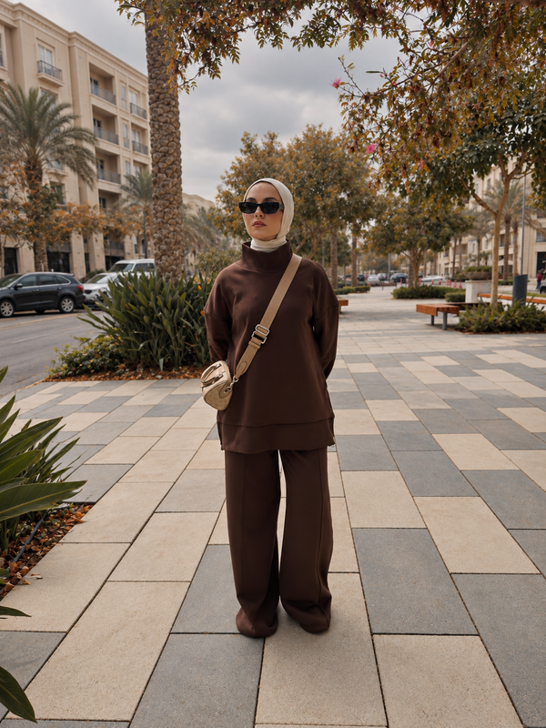 HIGH NECK WIDE LEG SET - BROWN NUVIRA