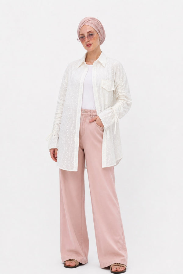 White Embroidered Drawstring Blouse