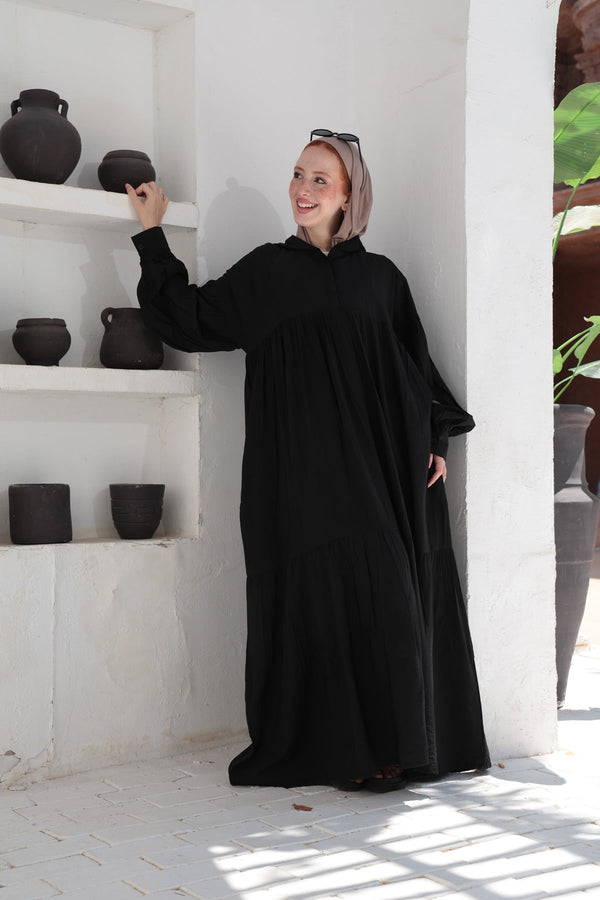 Hooded Flared Maxi Dress - Black - NUVIRA -