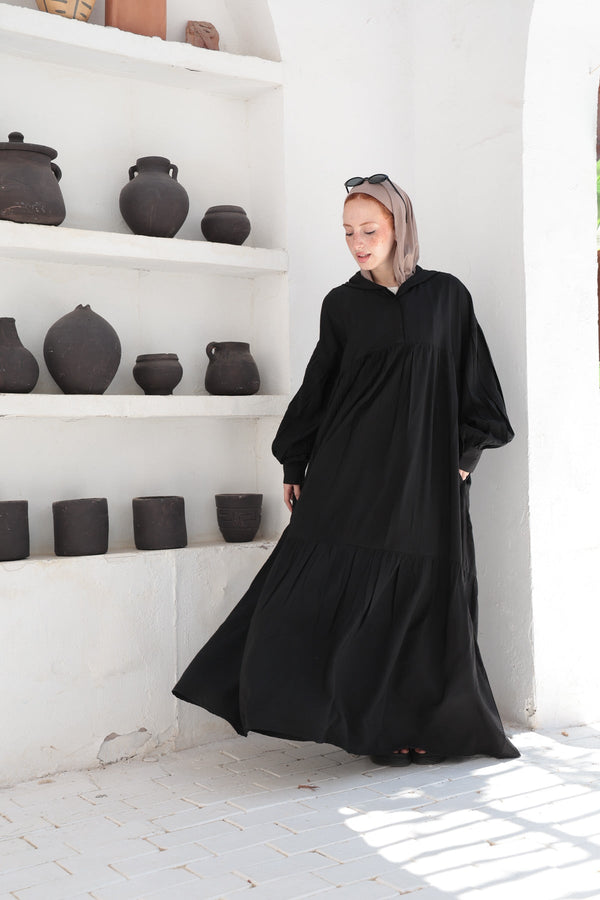 Hooded Flared Maxi Dress - Black - NUVIRA -