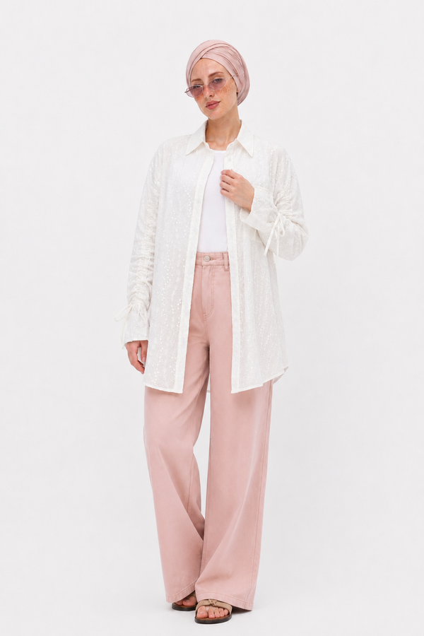 White Embroidered Drawstring Blouse