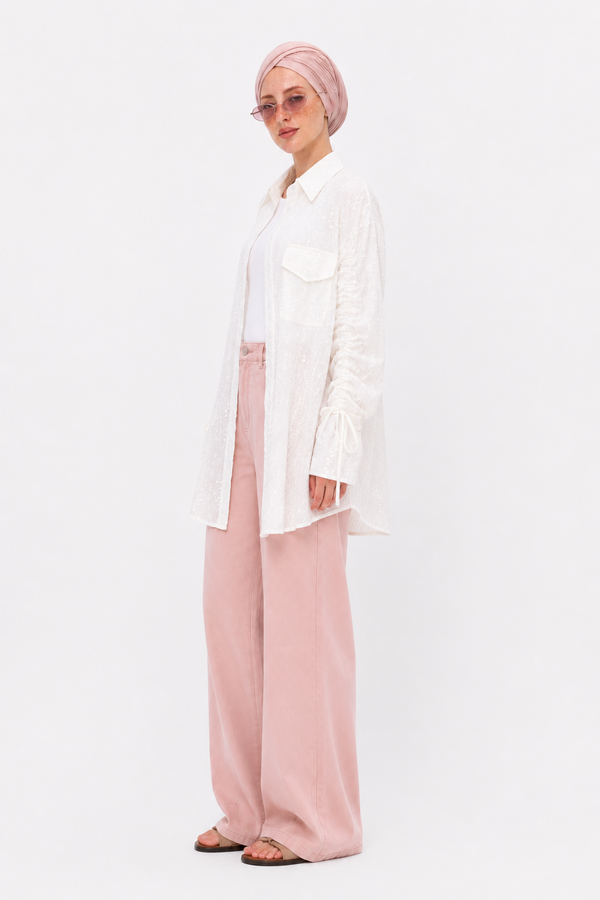 White Embroidered Drawstring Blouse