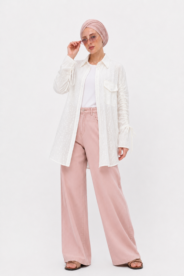 White Embroidered Drawstring Blouse