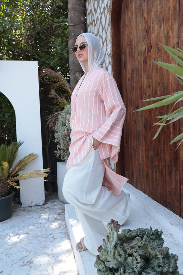 Striped Flare - Sleeve Modest Tunic - Pastel Pink - NUVIRA -