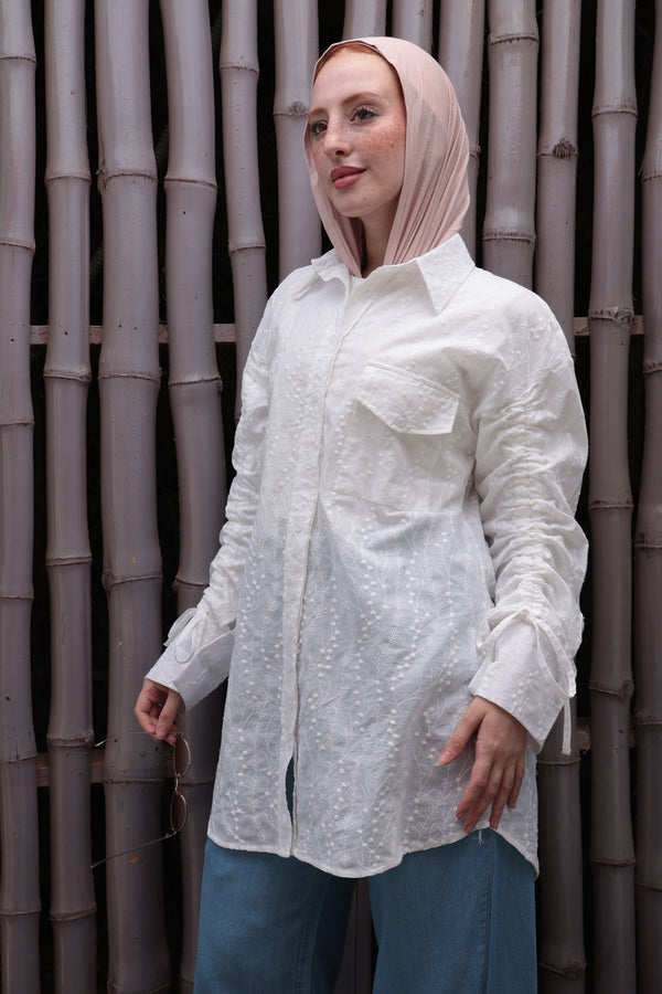White Embroidered Drawstring Blouse - NUVIRA -
