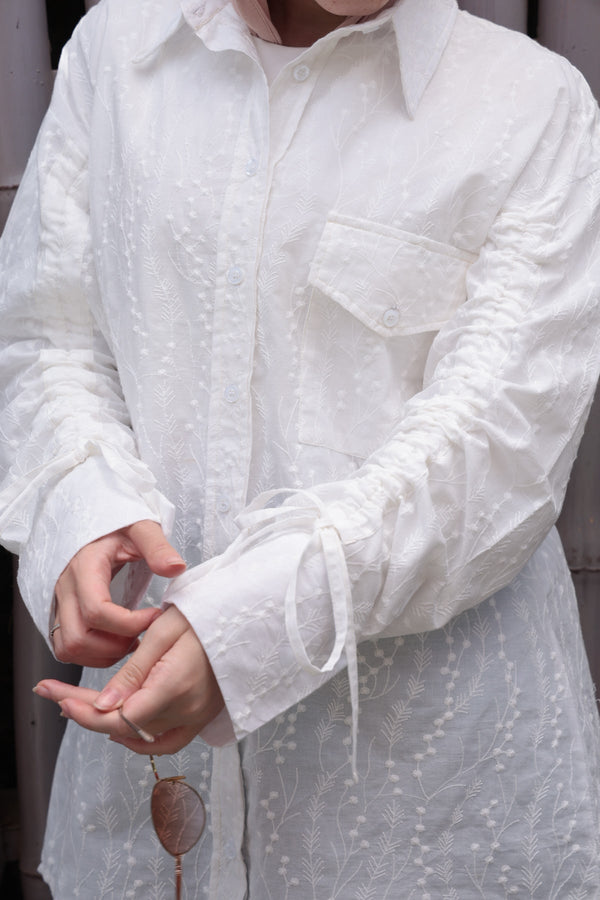 White Embroidered Drawstring Blouse - NUVIRA -