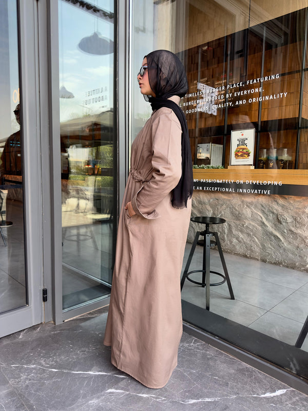 Button Front Cinched Shirt Dress– Soft Beige