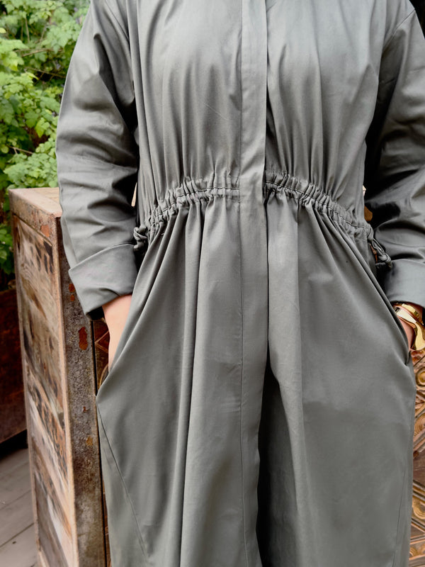 Button Front Cinched Shirt Dress– Light olive