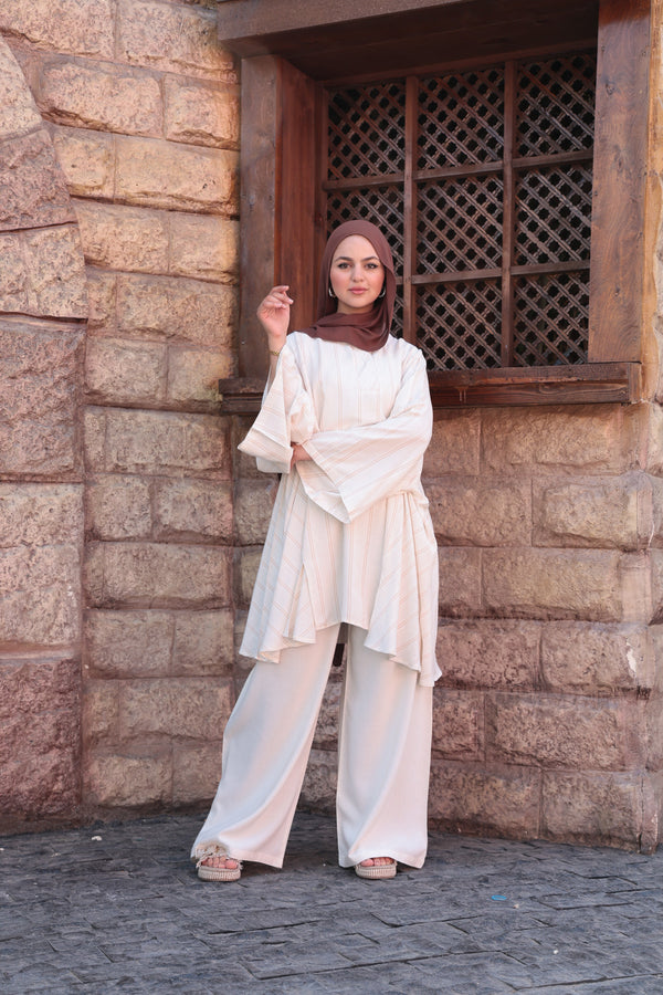Striped Oversize Tunic Blouse-Light Beige Stripes on Off-White