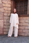 Striped Oversize Tunic Blouse-Light Beige Stripes on Off-White