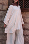 Striped Oversize Tunic Blouse-Light Beige Stripes on Off-White