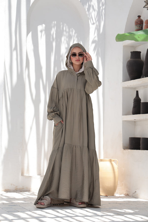 Hooded Flared Maxi Dress - Dusty Olive
