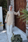 Striped Flare-Sleeve Modest Tunic-Sand Beige