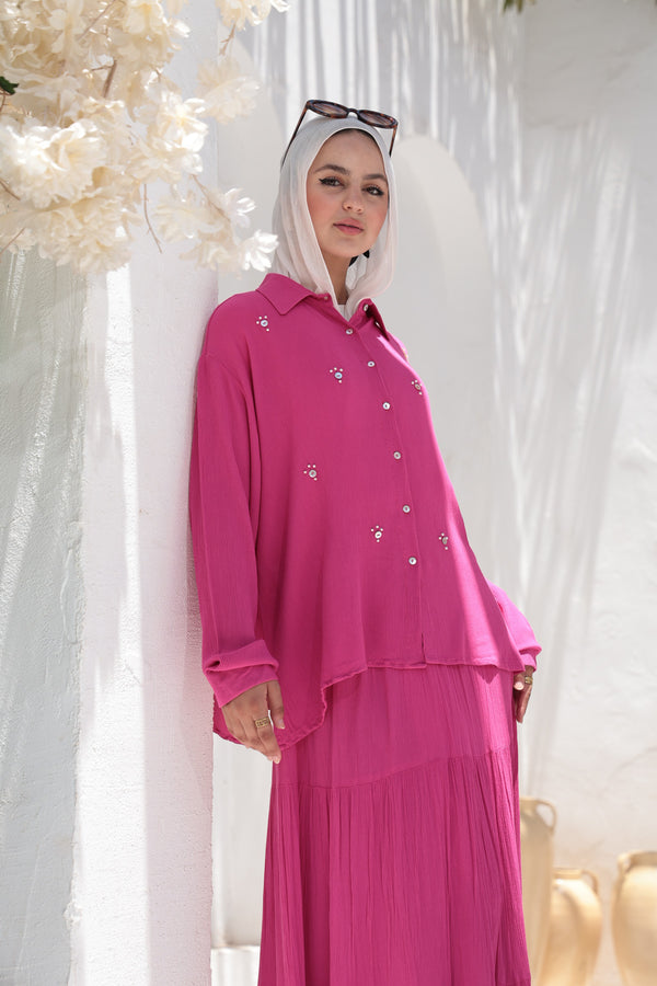 Pearl-Embellished Koresha Two-Piece Set – Fuchsia