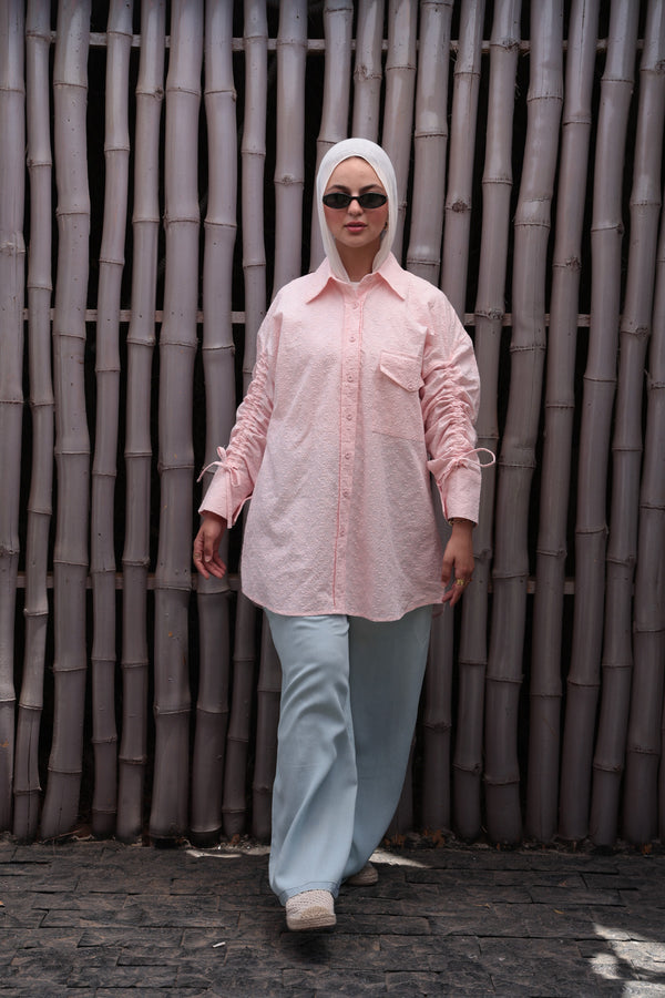 Pink Embroidered Drawstring Blouse