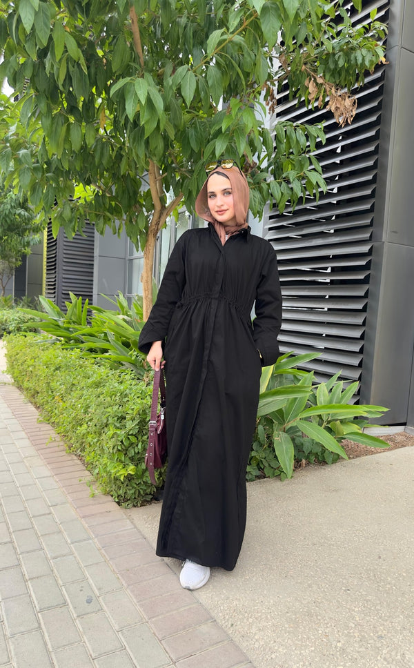 Button Front Cinched Shirt Dress– Black - NUVIRA - 