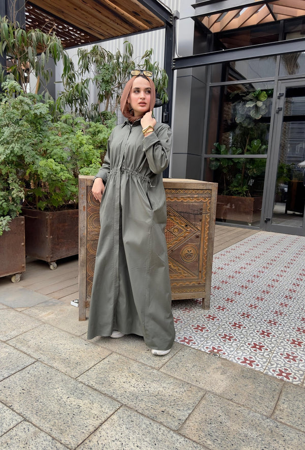 Button Front Cinched Shirt Dress– Light olive - NUVIRA - 