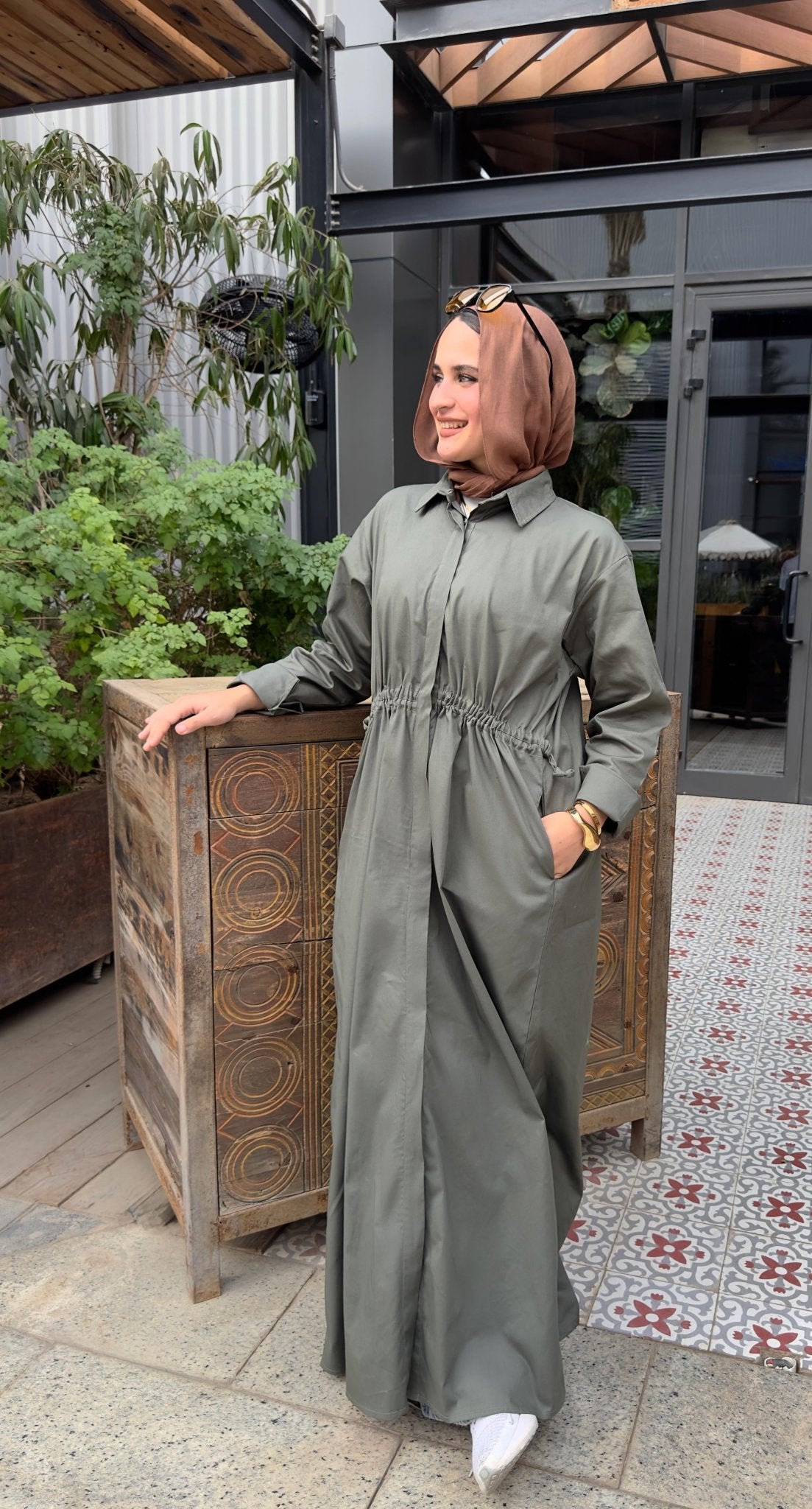 Button Front Cinched Shirt Dress– Light olive – NUVIRA Button Front Cinched Shirt Dress– Light olive – NUVIRA