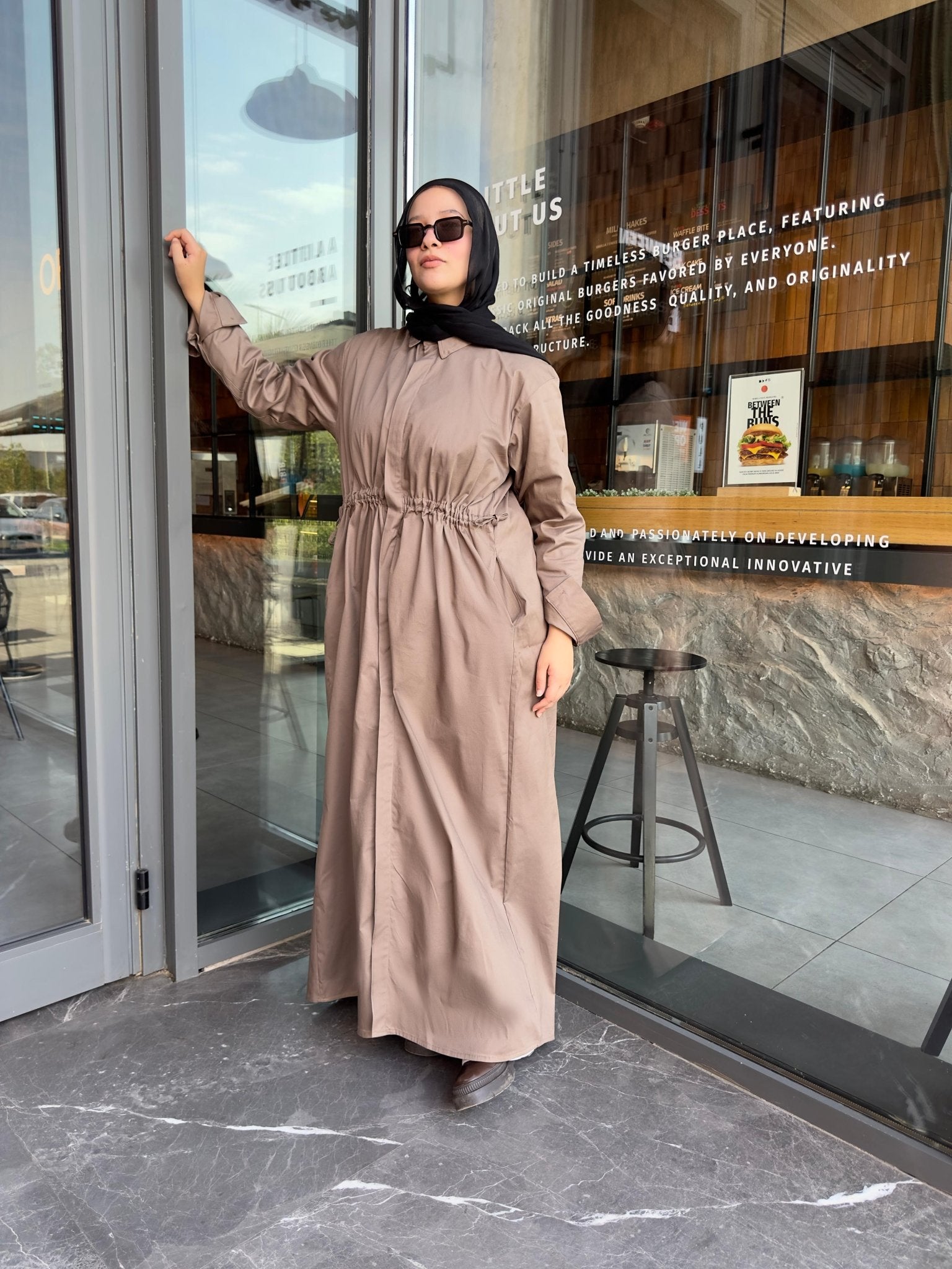 Button Front Cinched Shirt Dress– Soft Beige
