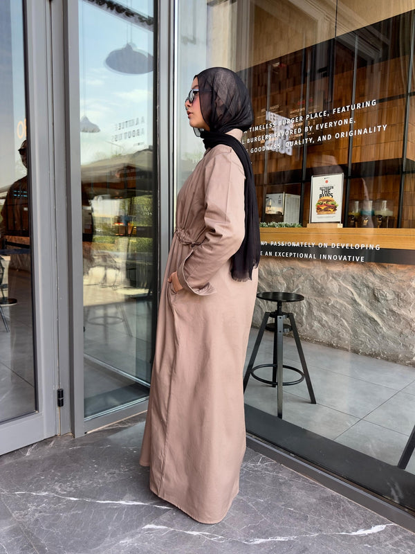 Button Front Cinched Shirt Dress– Soft Beige - NUVIRA - 