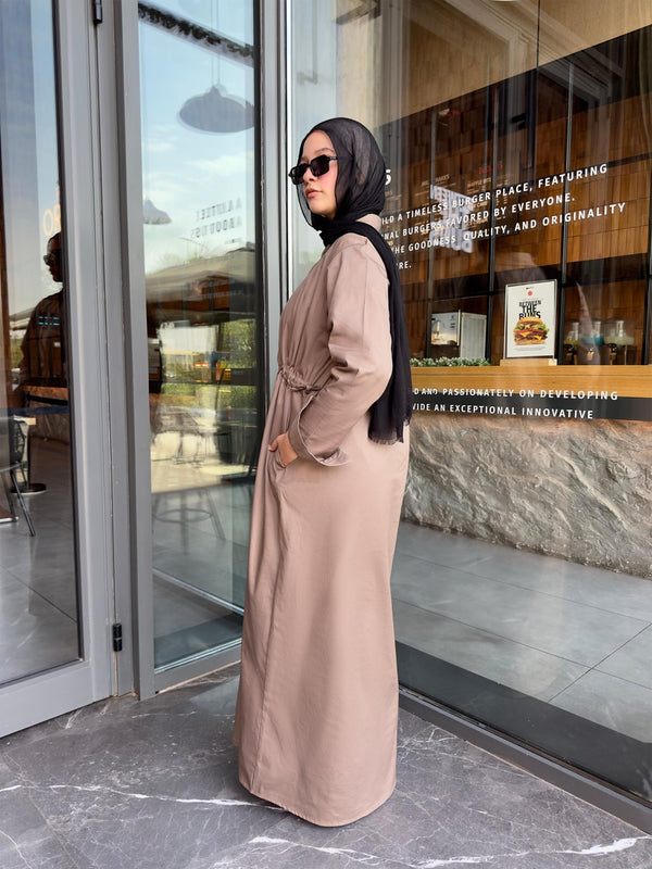 Button Front Cinched Shirt Dress– Soft Beige - NUVIRA - 