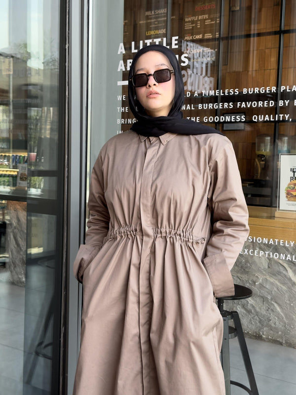 Button Front Cinched Shirt Dress– Soft Beige - NUVIRA - 