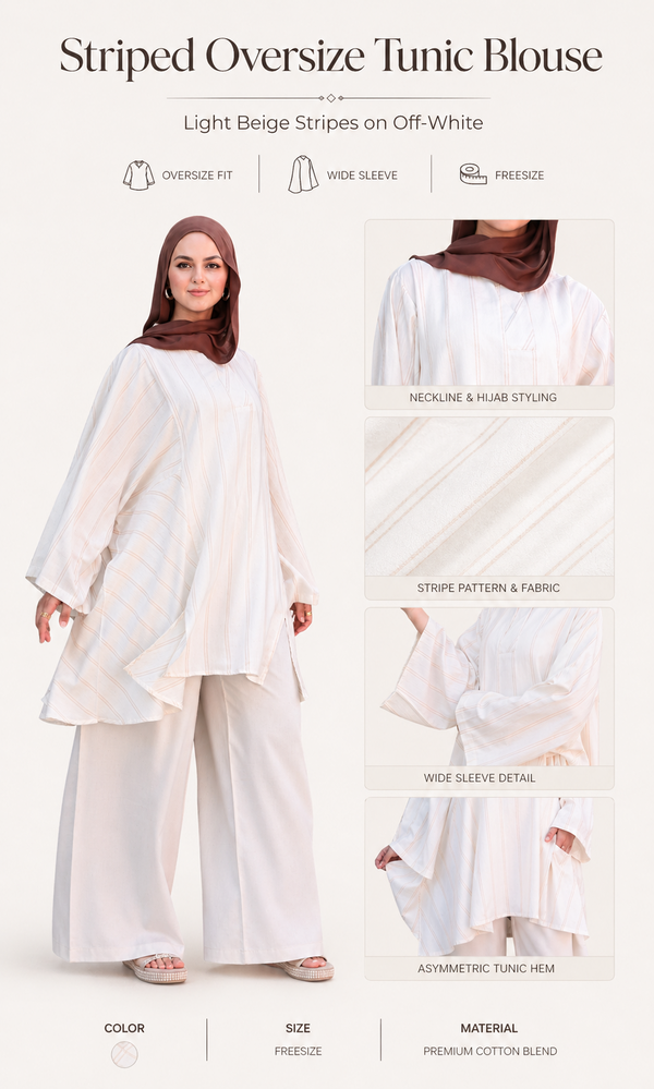Striped Oversize Tunic Blouse-Light Beige Stripes on Off-White