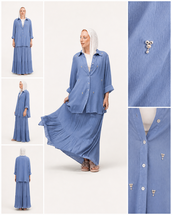 Pearl-Embellished Koresha Two-Piece Set – Dusty Blue