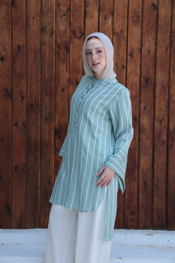 Striped Flare - Sleeve Modest Tunic - Dusty Mint - NUVIRA - 