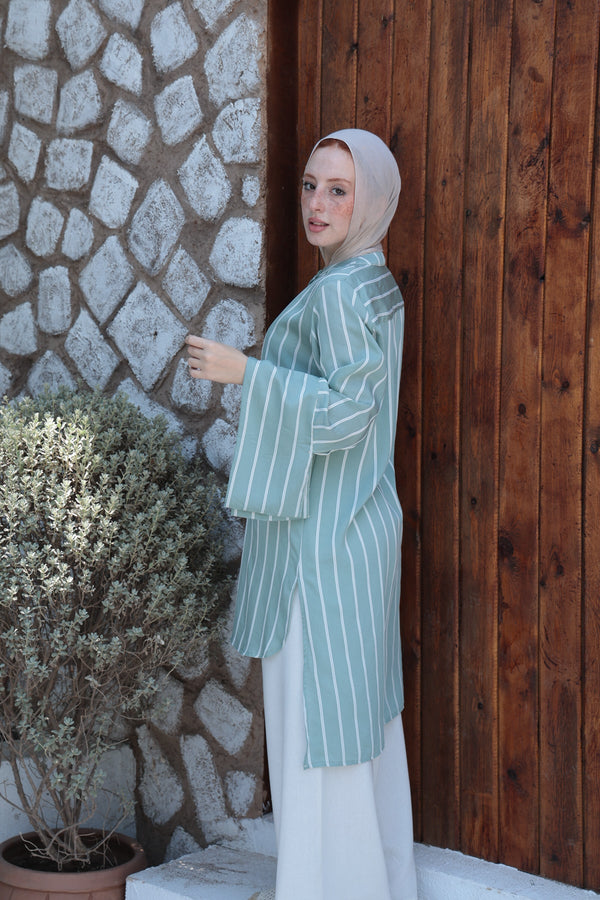 Striped Flare - Sleeve Modest Tunic - Dusty Mint - NUVIRA - 