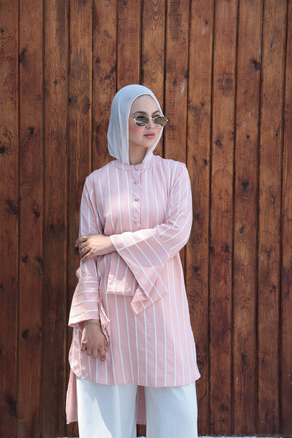 Striped Flare - Sleeve Modest Tunic - Pastel Pink - NUVIRA - 
