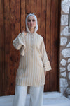 Striped Flare-Sleeve Modest Tunic-Sand Beige