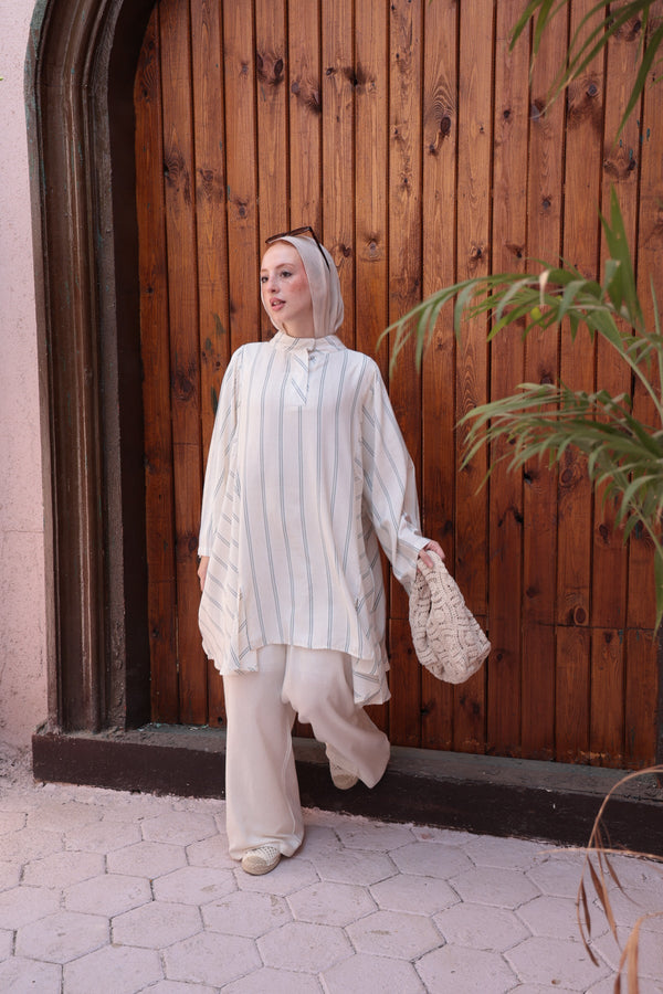 Striped Oversize Tunic Blouse - Charcoal Grey Stripes on Off - White - NUVIRA - 