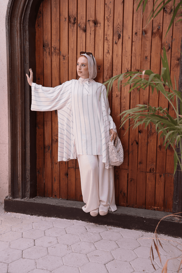 Striped Oversize Tunic Blouse - Charcoal Grey Stripes on Off - White - NUVIRA - 